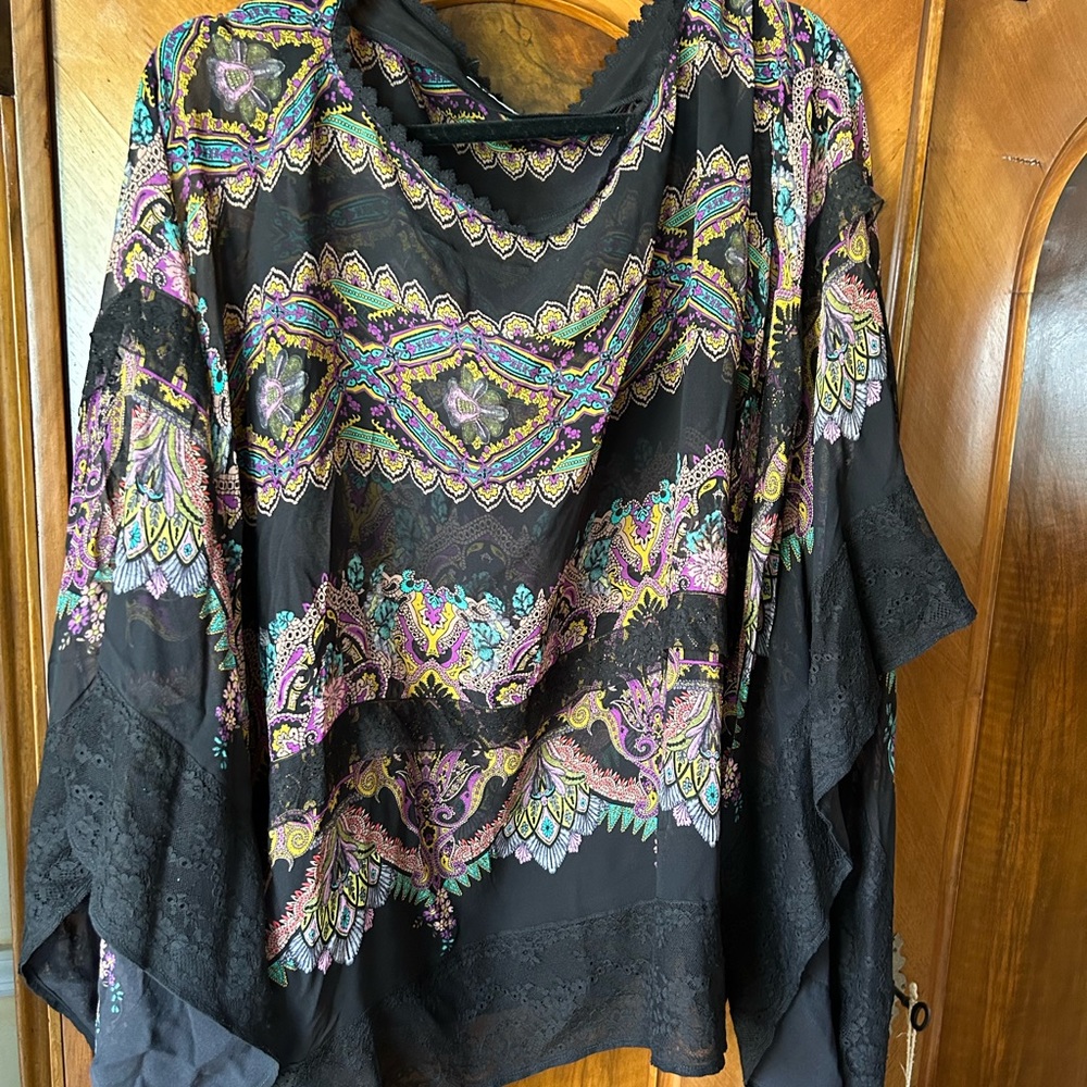 Etro Milano wide silk blouse floral lace edge one size